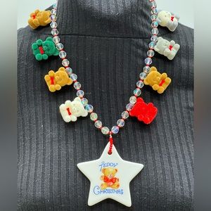 ⭐️Adorned Crown Jewelry Christmas teddy bear Assemblage statement necklace